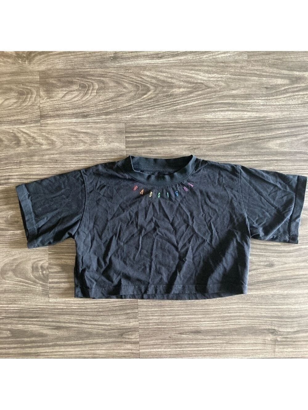 Bassigue Womens Black Cropped Cotton Tee with Rainbow Lettering Small